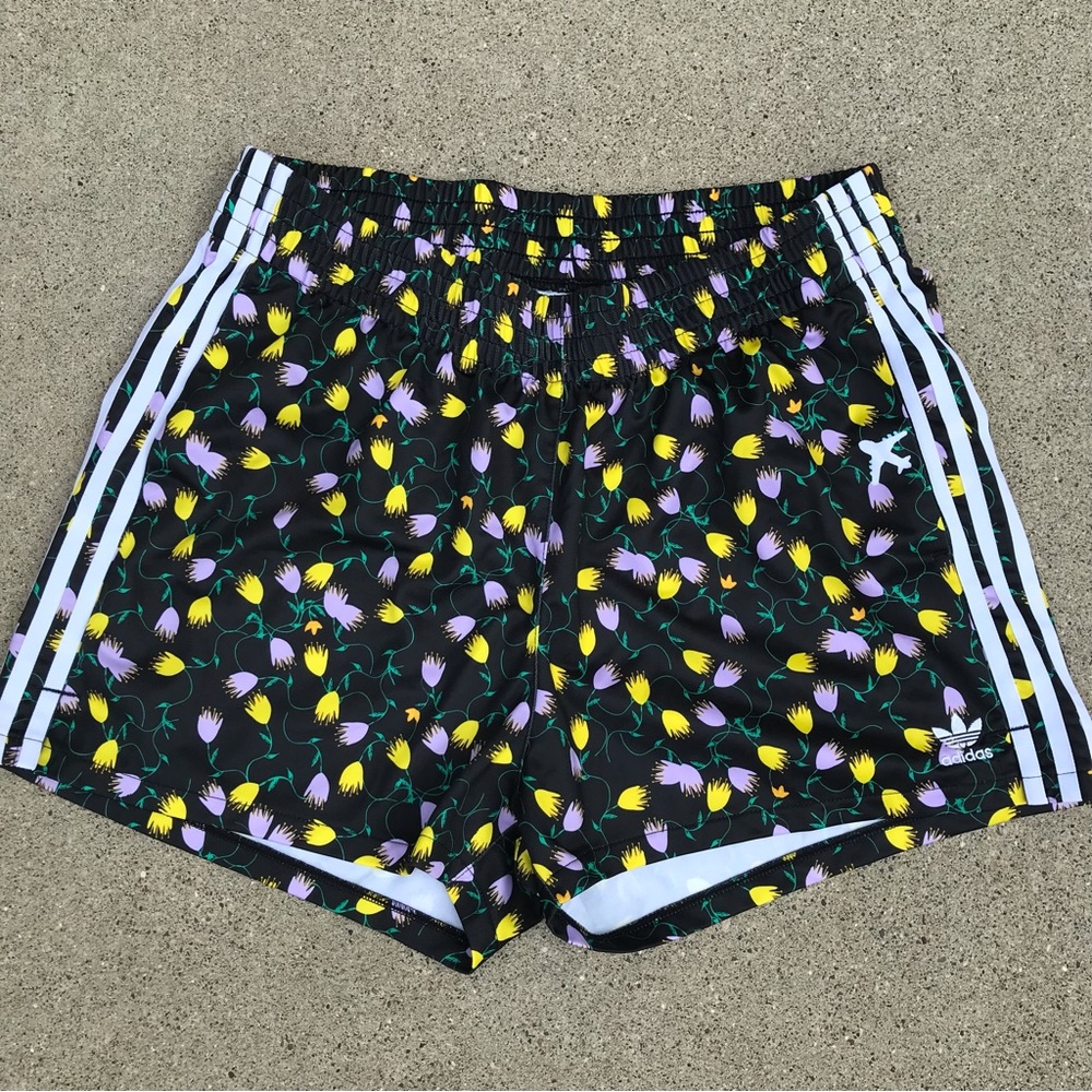 adidas Women's Athletic Shorts - Black with Yellow and Purple Floral